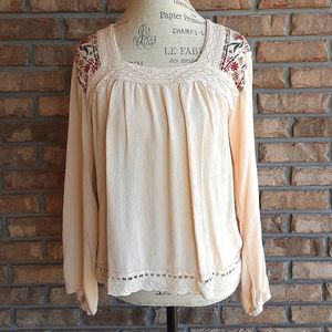 Knox Rose Boho Peasant Style Long Sleeve Top with Embroidered Detail.
